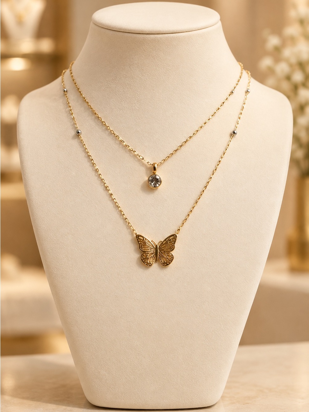 Time and Tru Gold Layered Butterfly Necklace with Crystal Accent